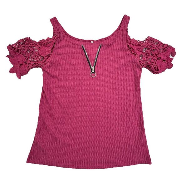 Pink Waffle Knit Short Sleeve Shirt Size Medium Lace Sleeves Front Zip - Picture 1 of 5